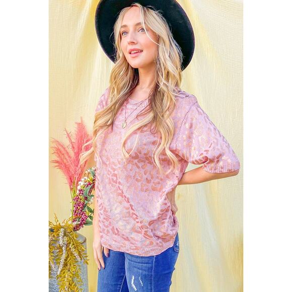 Leopard Foil Printed Half Sleeve Summer Sweater Dusty Rose - Picture 2 of 3